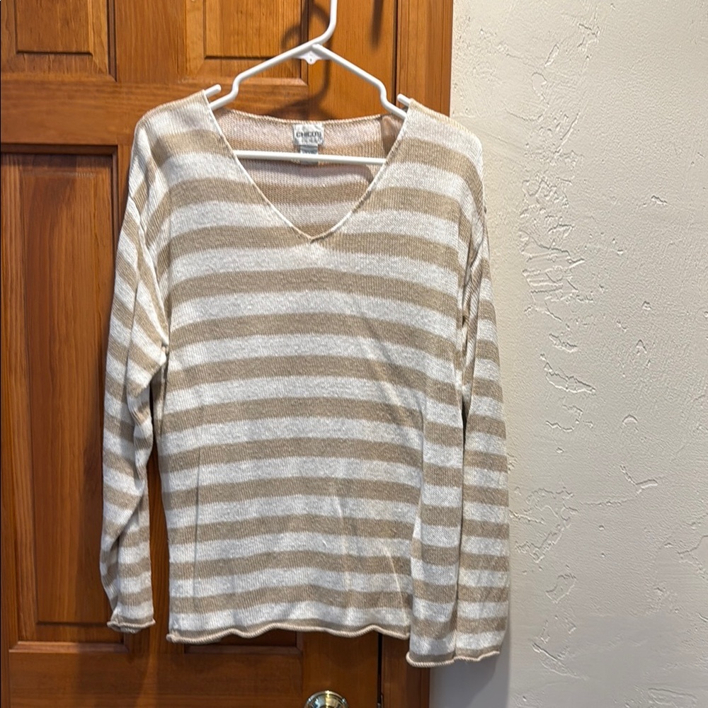 Chico's Striped V-Neck Sweater in Beige and Cream
